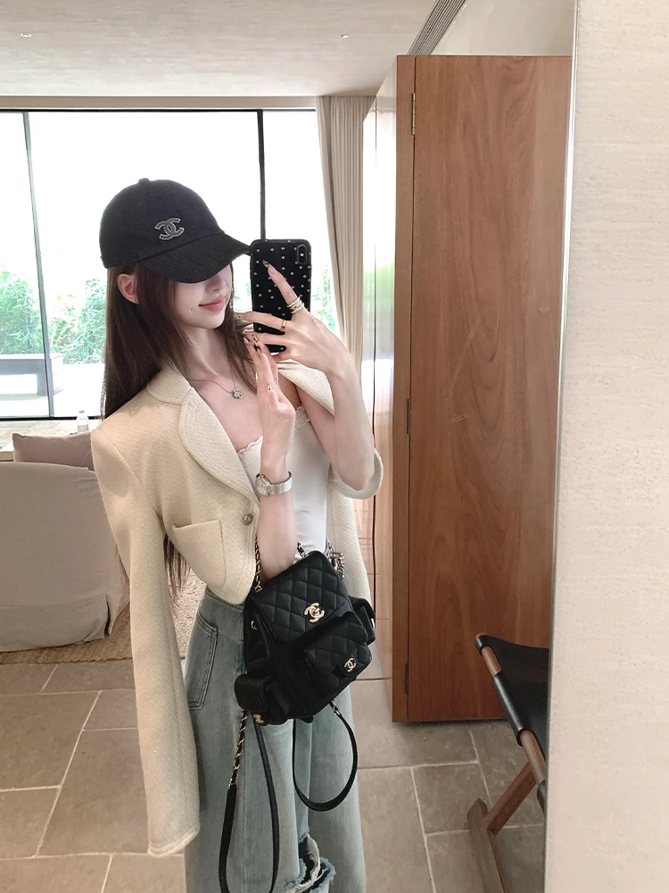 【白茶香氛】米白色千金细闪短款小香外套女春季新款显瘦牛仔阔腿裤