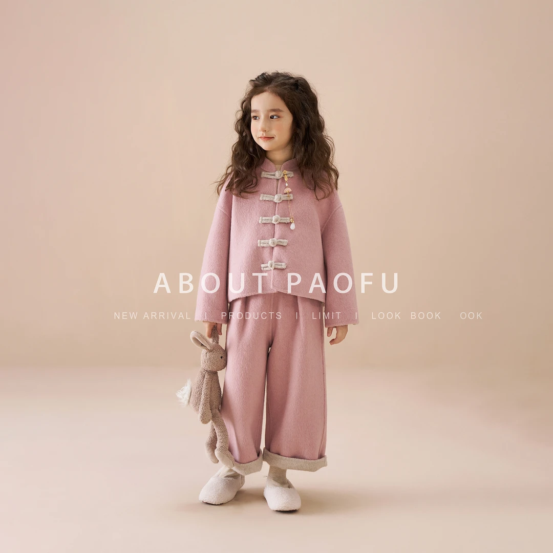 泡芙定制 2024冬款纯手工双面绵羊毛女童外套套装 DY241214