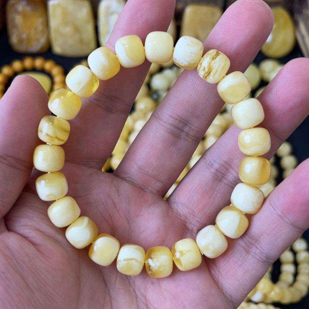 琥珀未镶嵌手串10mm俄料金白妖花精工老型手串