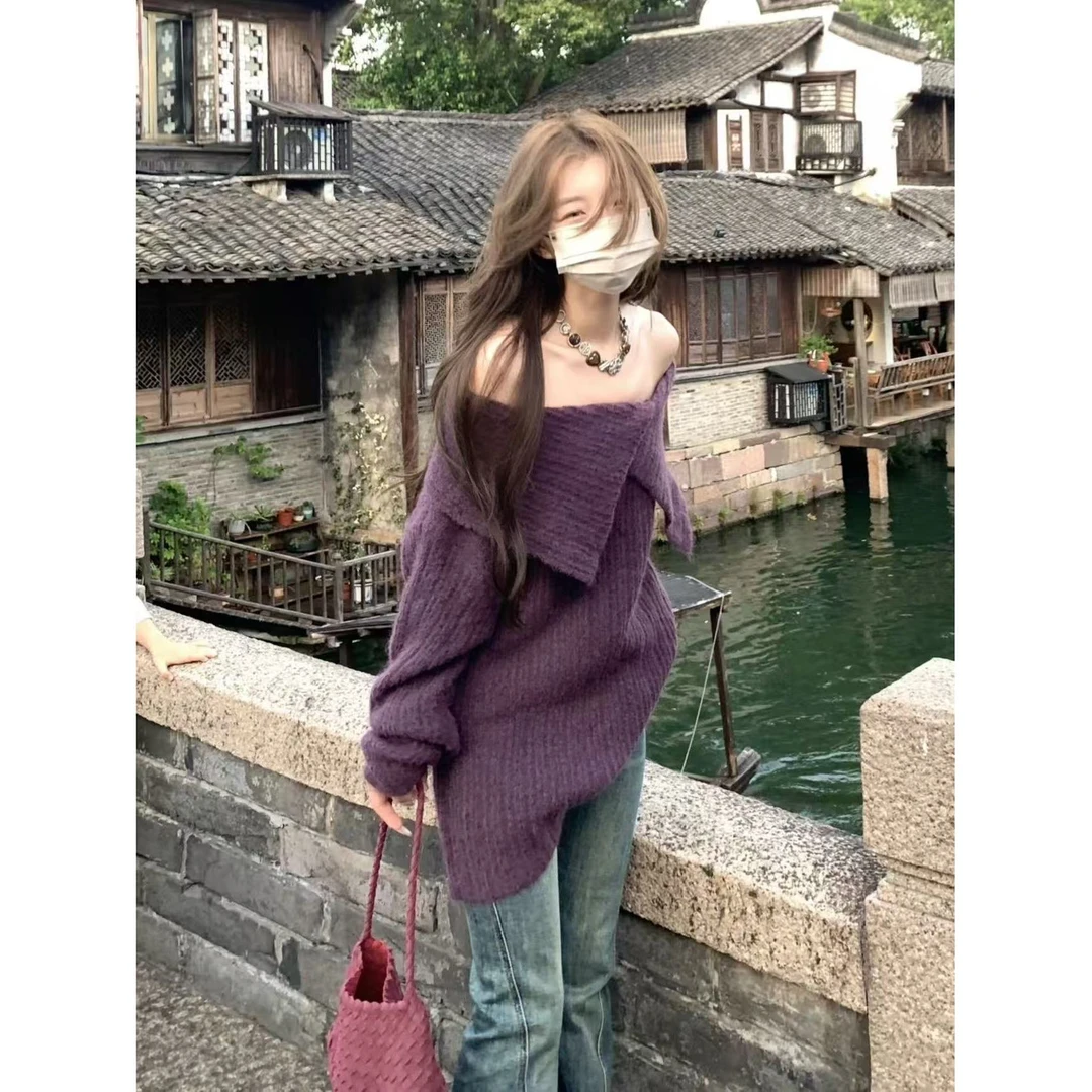 2025秋季时尚慵懒风一字肩翻领软糯宽松百搭针织衫