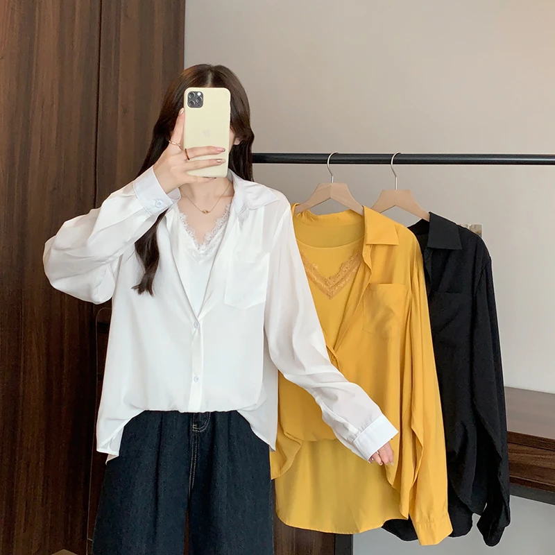 蕾丝拼接假两件长袖衬衫早秋季2025新款大码女装胖mm高级洋气上衣