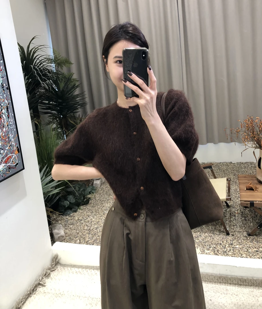 韩国复古简约纯色短袖针织开襟衫