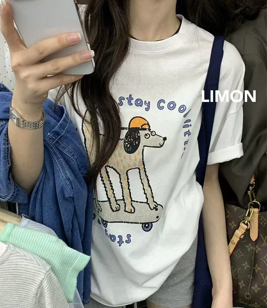 （黄帽狗狗）2025春夏韩版宽松圆领卡通印花短袖纯棉T恤女C575