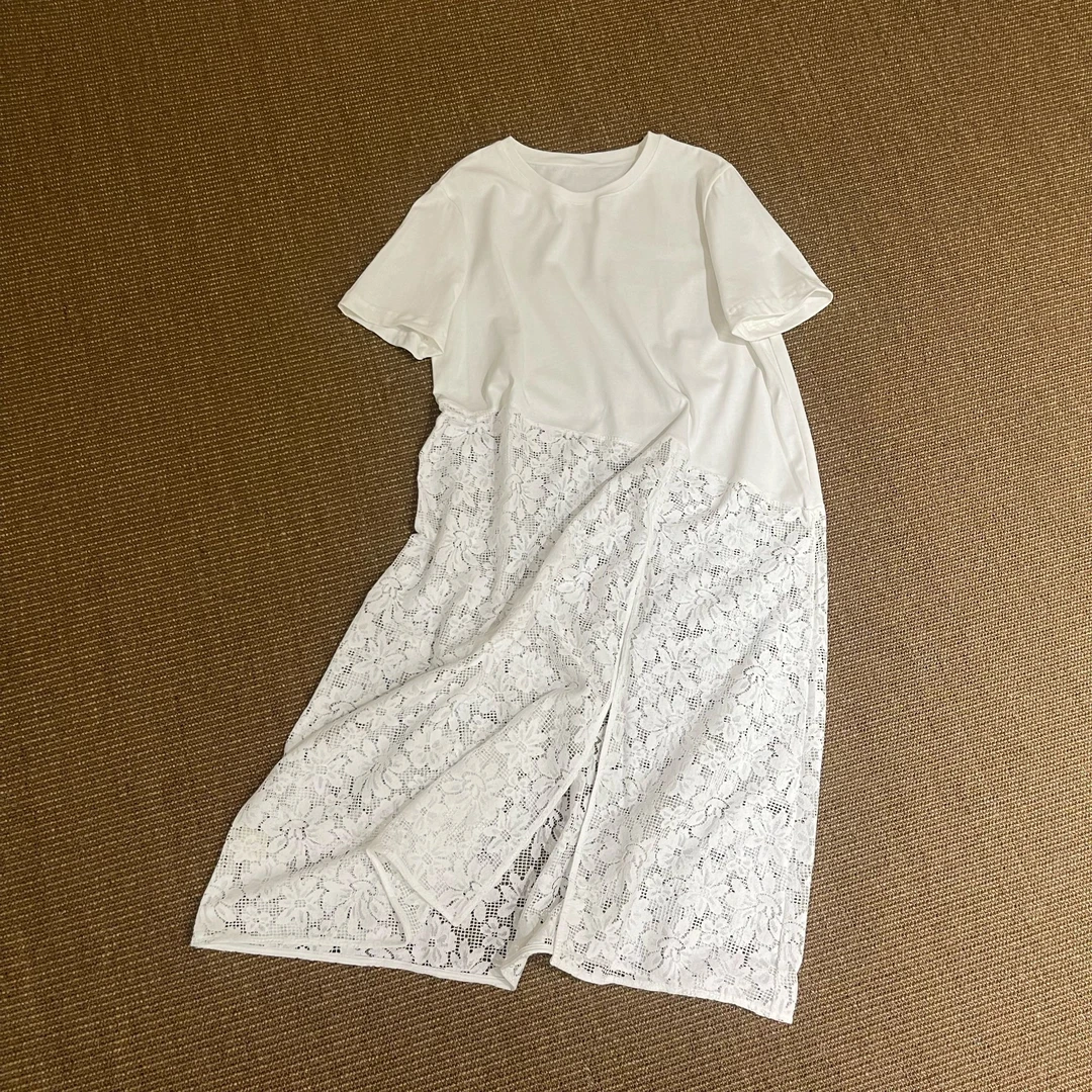 FUJIA STYLE新款韩版简约镂空蕾丝刺绣拼接T恤连衣裙Q2521