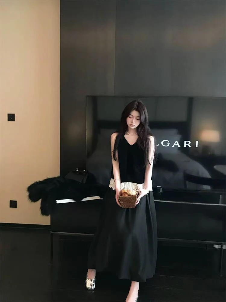 蓬蓬crush压褶大摆高级感花苞造型长款黑色蓬蓬裙裙子