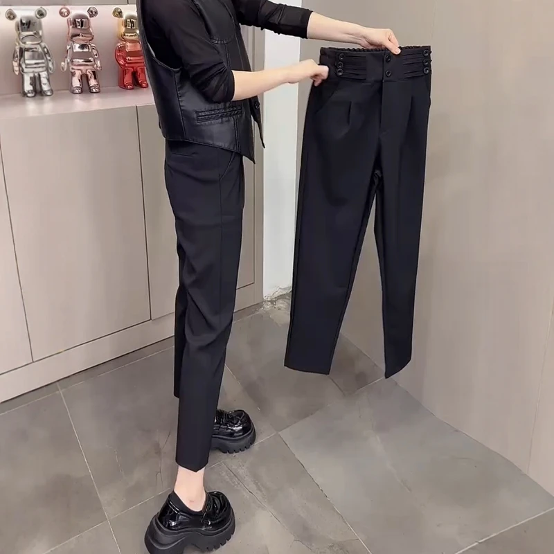 秋季新款黑色时尚设计感直筒西装大码女装高腰显瘦百搭休闲烟管裤