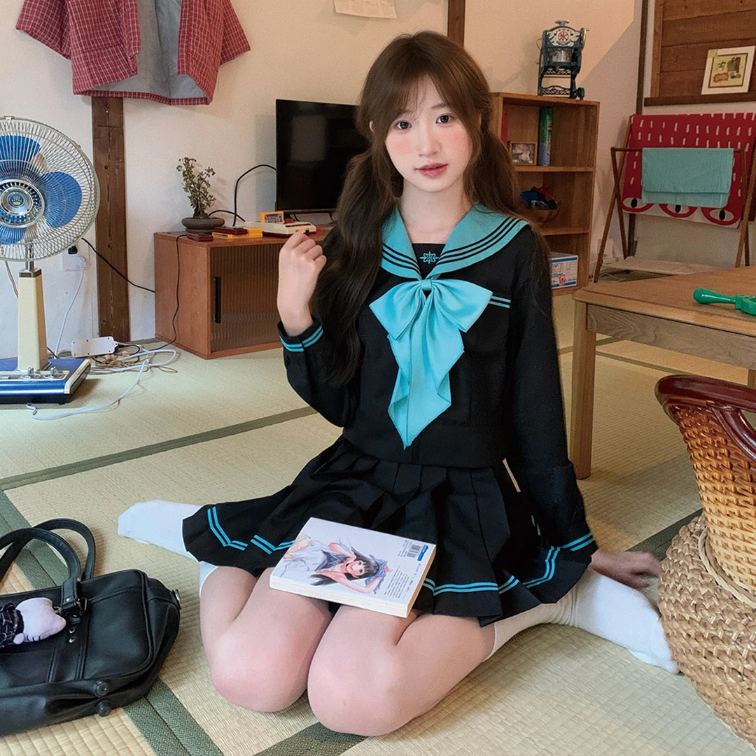 东京岁时记jk黑绿撞色日系少女水手服套装新款长袖海军领制服上衣