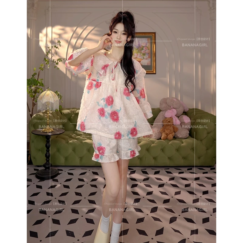 香蕉女孩【雨后花园】睡衣女春秋中袖套装宽松凉感家居服可外穿