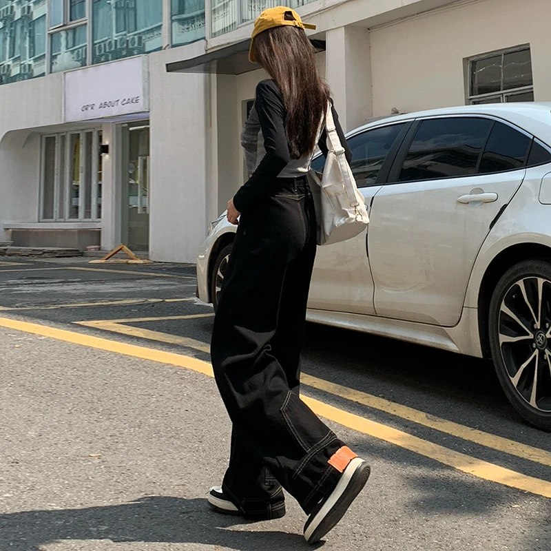 无弹高腰黑色反穿设计感辣妹阔腿牛仔裤女2024秋冬新款宽松显瘦垂