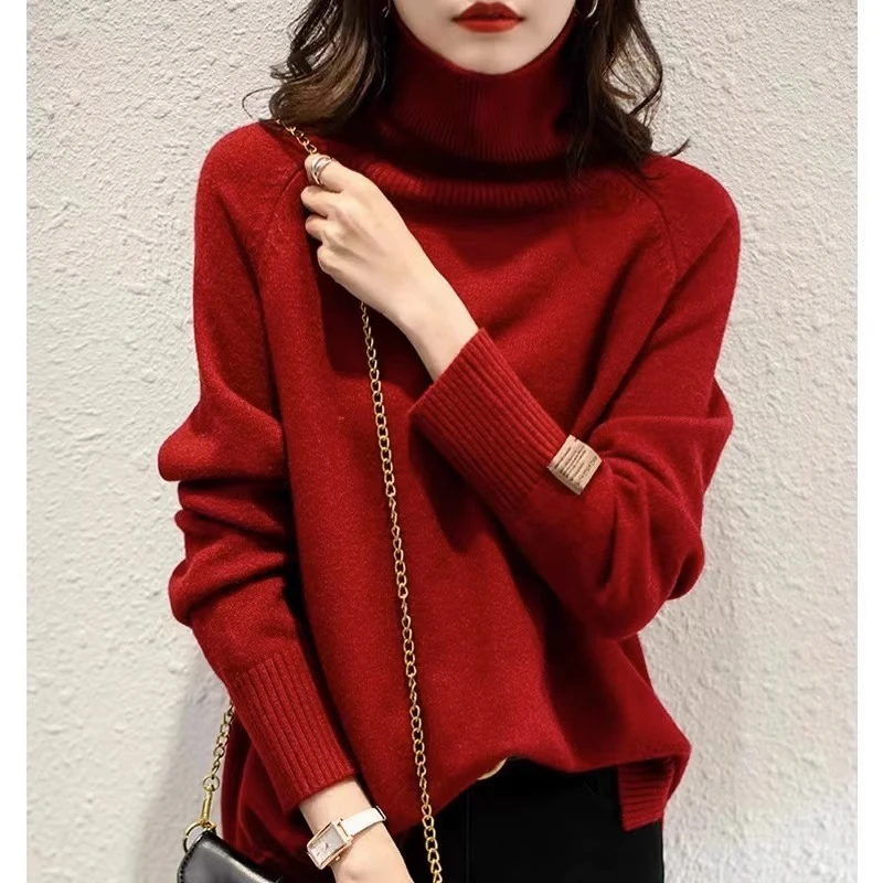 YS#红色高领针织毛衣女冬季新款慵懒宽松休闲加厚保暖内搭DY7505