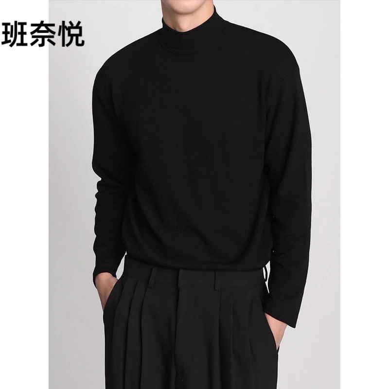 秋冬季黑色半高领打底衫男德绒宽松潮牌青年保暖加厚中领长袖T恤
