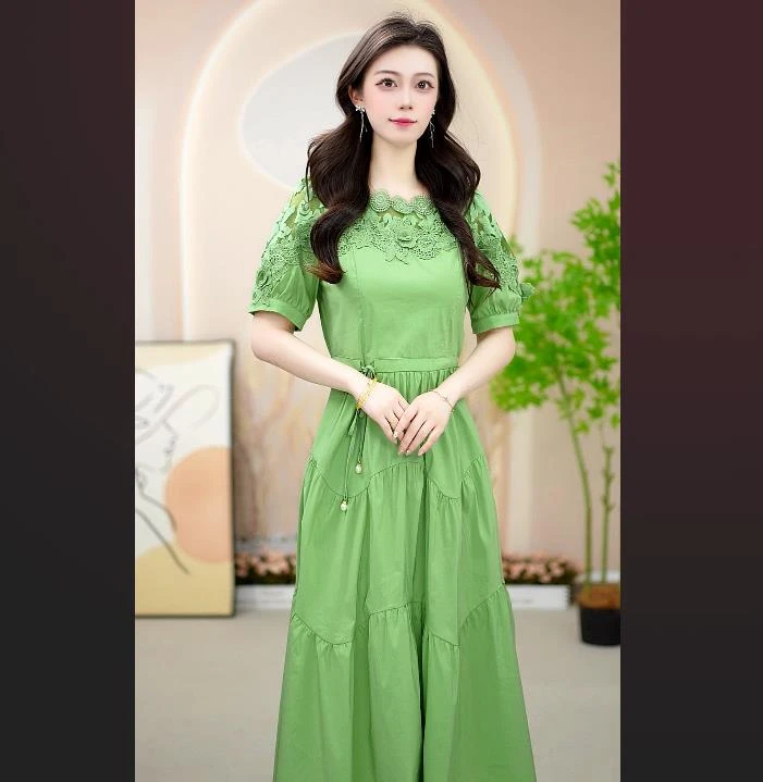 短袖法式连衣裙夏季松紧腰绿色显瘦修身时尚气质长裙女装裙子