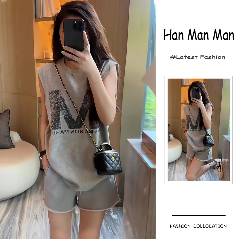 夏季流行穿搭一整套新款2025韩版减龄百搭字母背心休闲短裤两件套