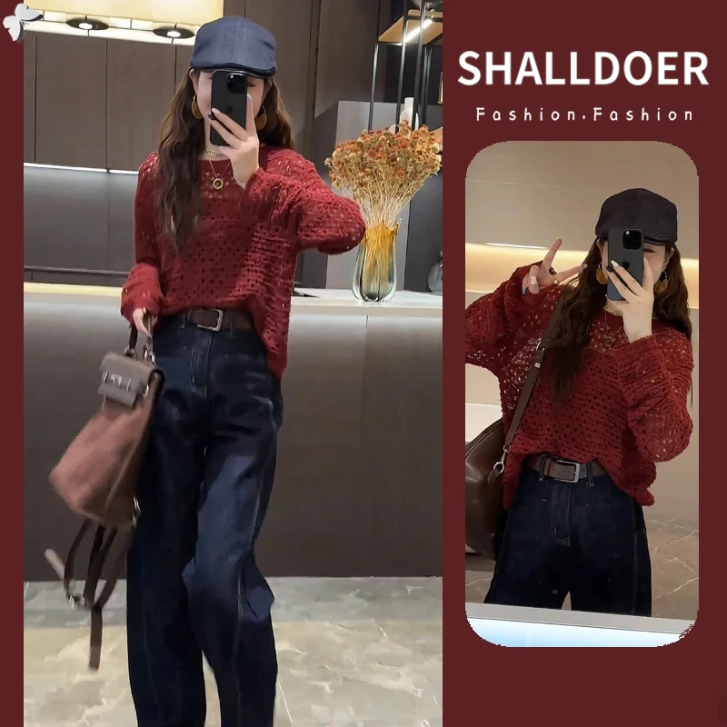 韩版通勤时尚套装女2025春秋新款镂空针织衫长袖牛仔阔腿裤两件套