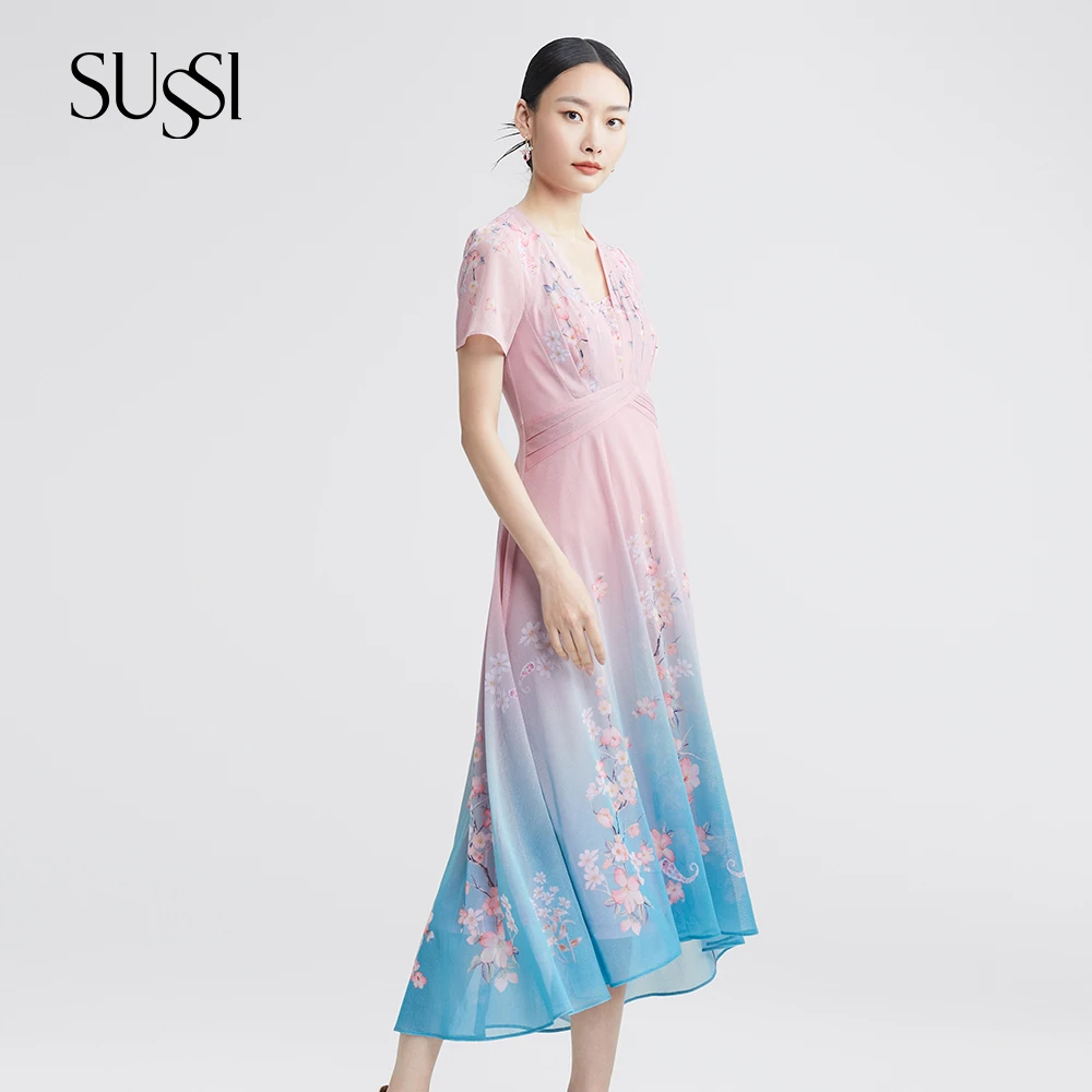 SUSSI/古色【十里桃花】收腰显瘦印花度假穿搭仙气日常弹力连衣裙