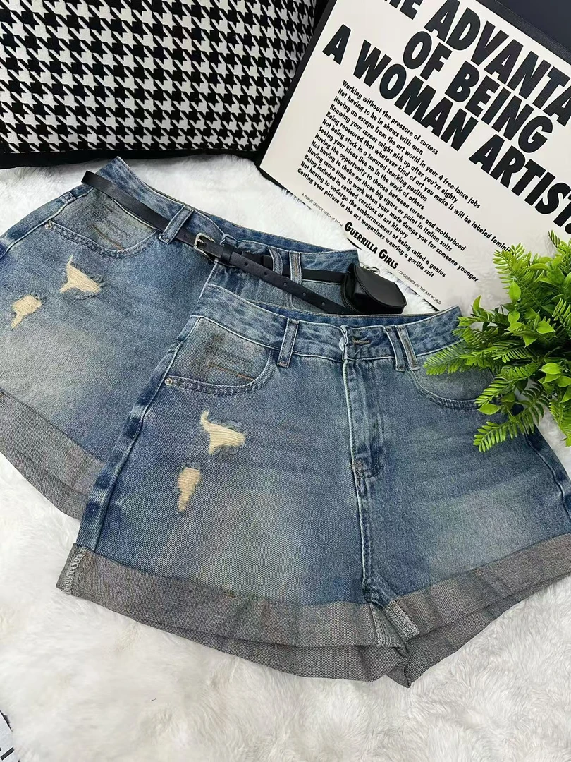 「磨破卷边牛仔短裤」欧货设计感高腰显瘦卷边腰带腰包牛仔热裤短裤