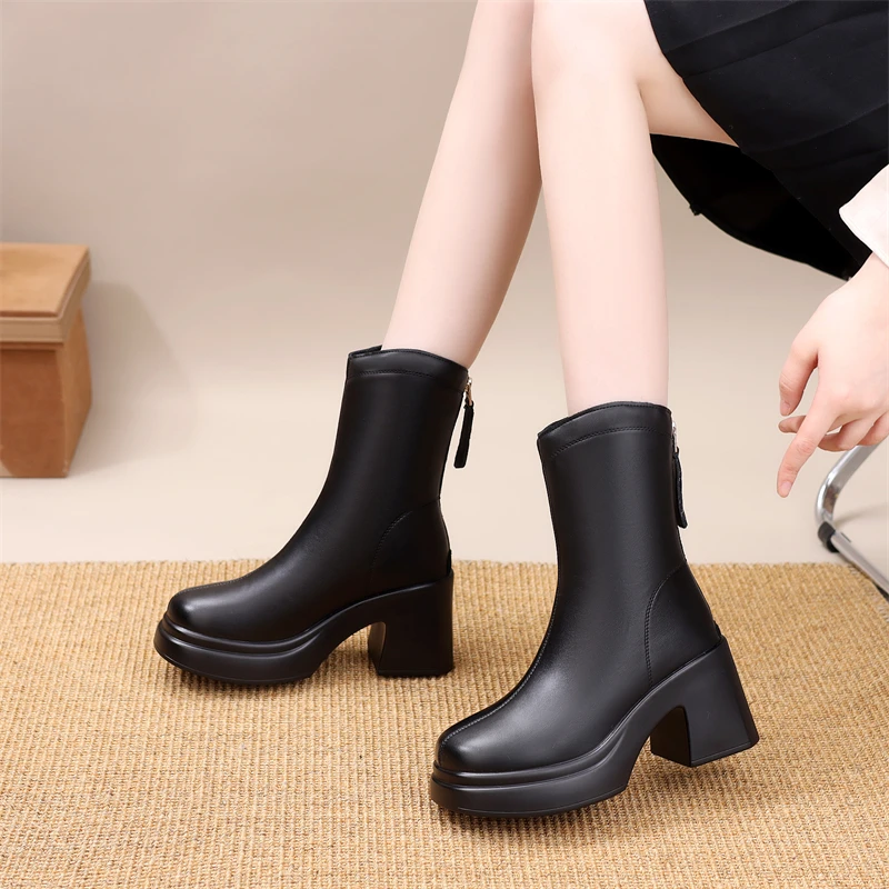 真皮厚底马丁靴女2025秋冬季新款时尚靴子轻便瘦瘦靴粗跟加绒棉靴