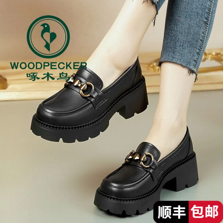 啄木鸟皮鞋软底2025春夏新款女鞋百搭小厚底增高网红乐福鞋女