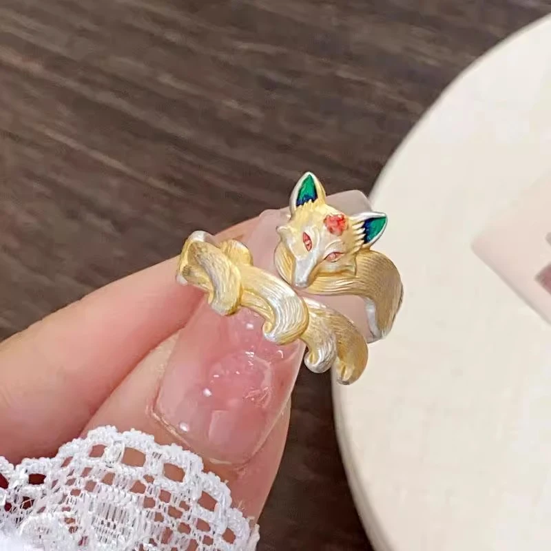 足银戒指 足银9999描金九尾灵狐纯银戒指女文艺国风高级感礼物