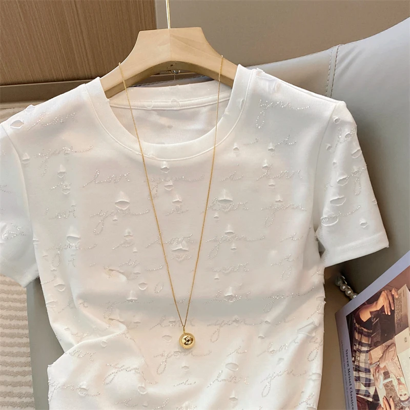 2025夏季白色设计感镂空圆领短袖T恤女新款时尚潮流百搭宽松上衣