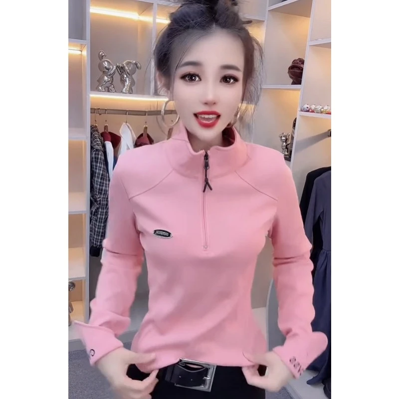 网红爆款时尚小衫女2025秋冬新款甜美减龄常规半开领套头T恤卫衣