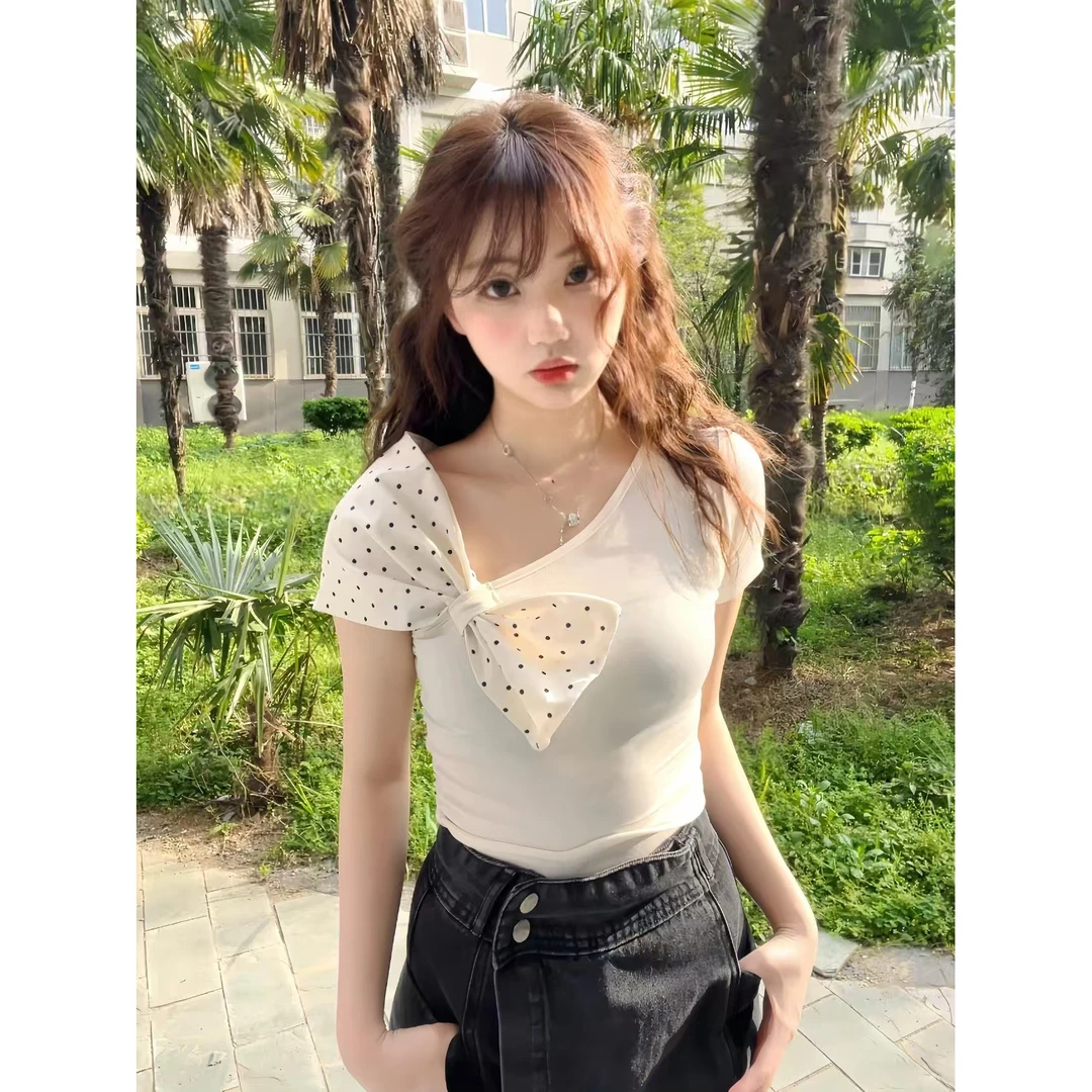 日系ins波点拼接斜肩短袖t恤女2025夏季甜美温柔风修身显瘦上衣潮