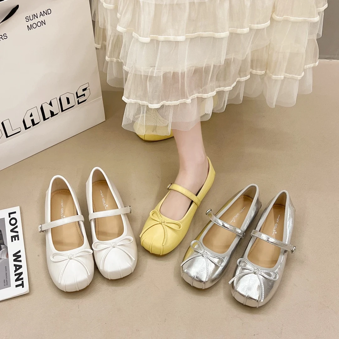 5212/D韩版平底一字带小皮鞋女2025新款方头褶皱蝴蝶结百搭单鞋