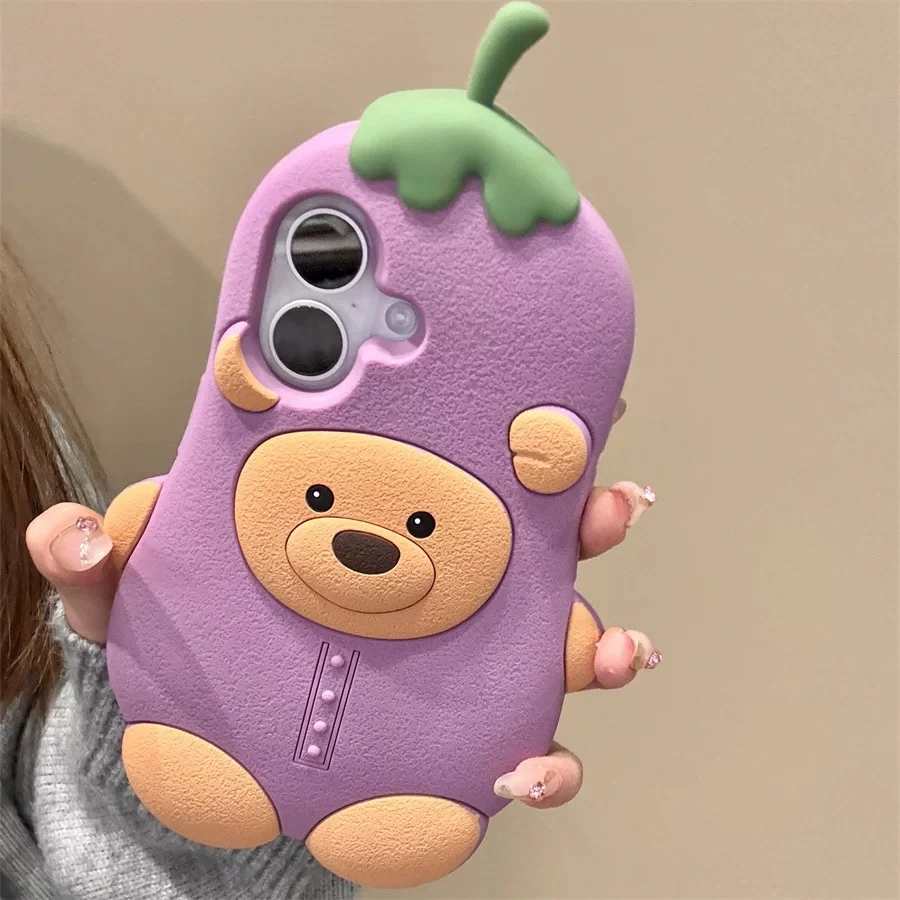 卡通紫色茄子小熊iPhone16promax适用苹果15手机壳16硅胶14少女13
