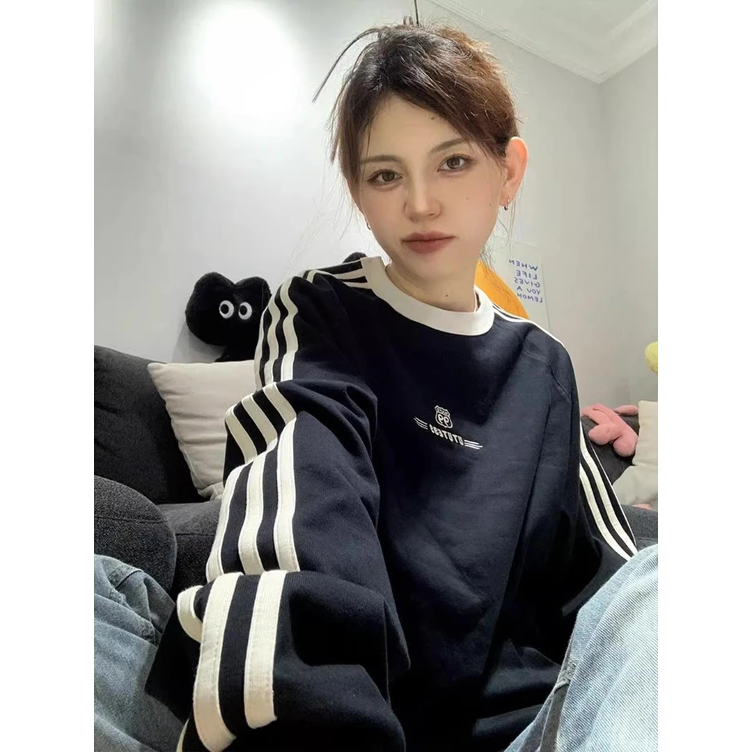 美式复古运动卫衣女春秋冬加绒条纹长袖t恤情侣圆领oversize上衣