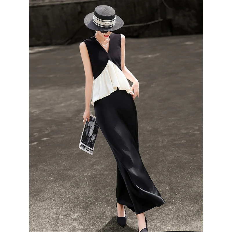 MEXCOCO/兰瑟儿气质缎面荷叶边无袖上衣半身裙套装105XO0852