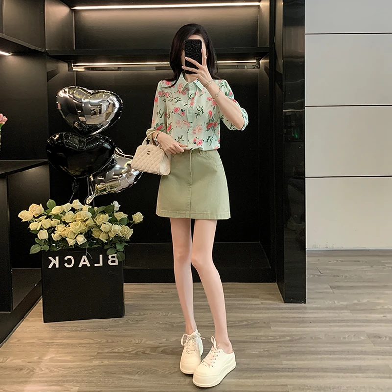 复古碎花短袖衬衫女宽松显瘦休闲上衣高腰a字半身裙防走光短裙子
