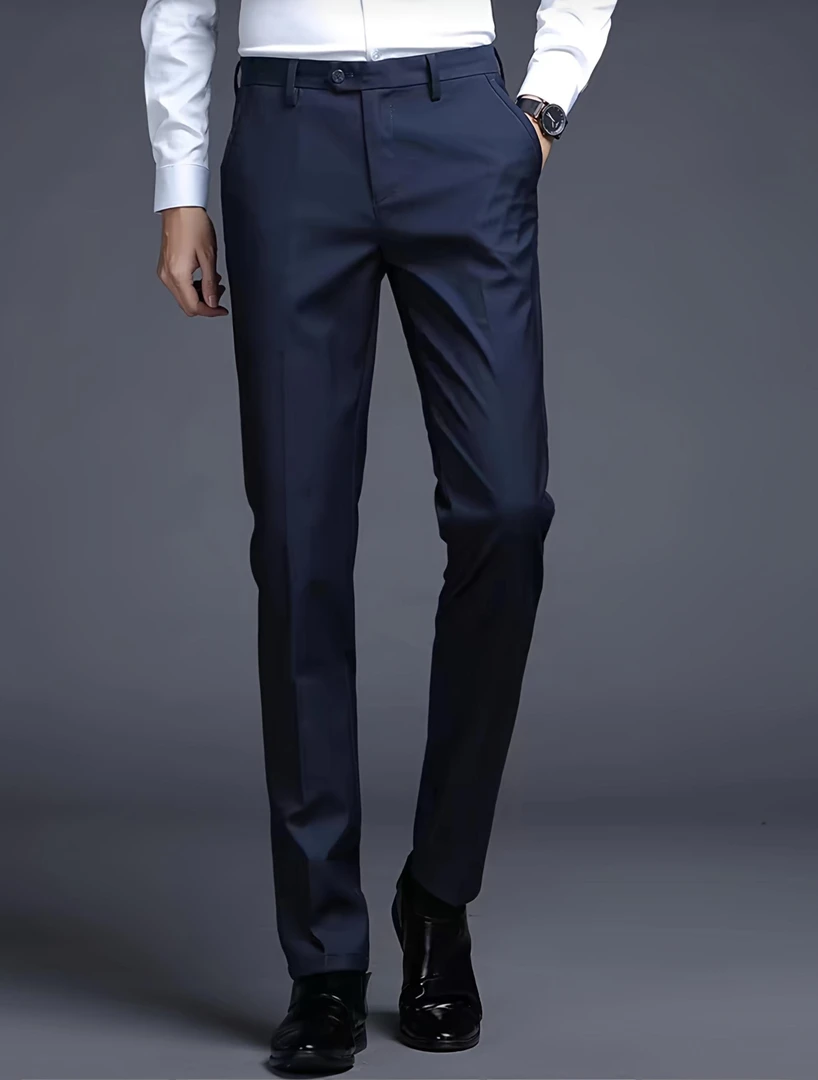 【夏季薄款无里衬可机洗】藏青修身100纯羊毛正装小西装裤男西裤