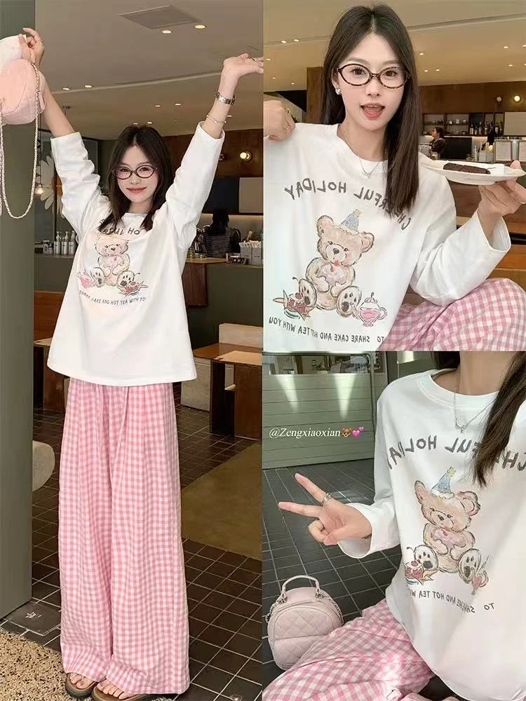 【100%棉】春秋长袖秋衣休闲透气上衣男女圆领印花T恤 生日熊
