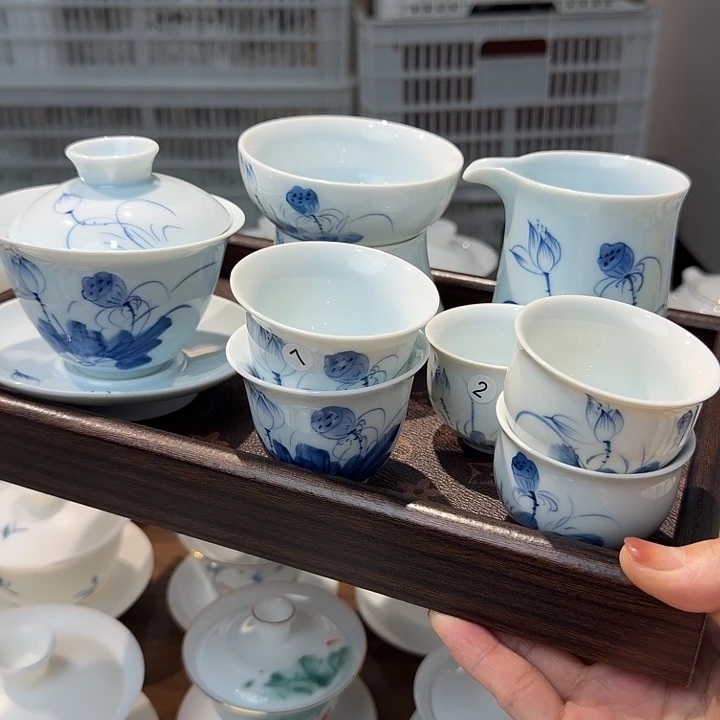 微瑕老物件影青系列套组荷花三才➕公道➕茶漏➕七号两个➕2号三个