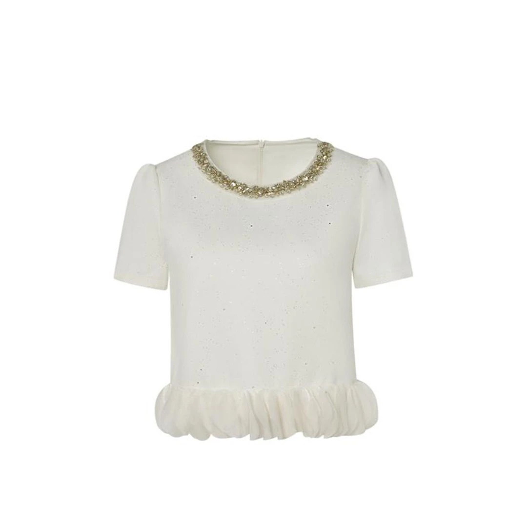 【楚楚私服】楚楚上衣贵气小香风镶钻圆领花瓣小衫白色泡泡袖法式