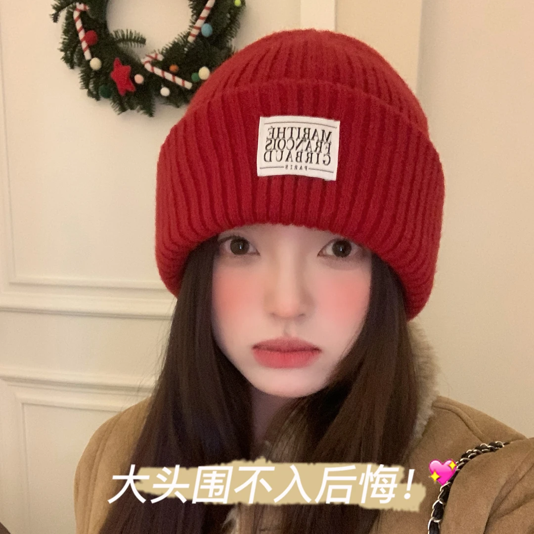 毛线帽大头围女秋冬季保暖红色简约针织帽子