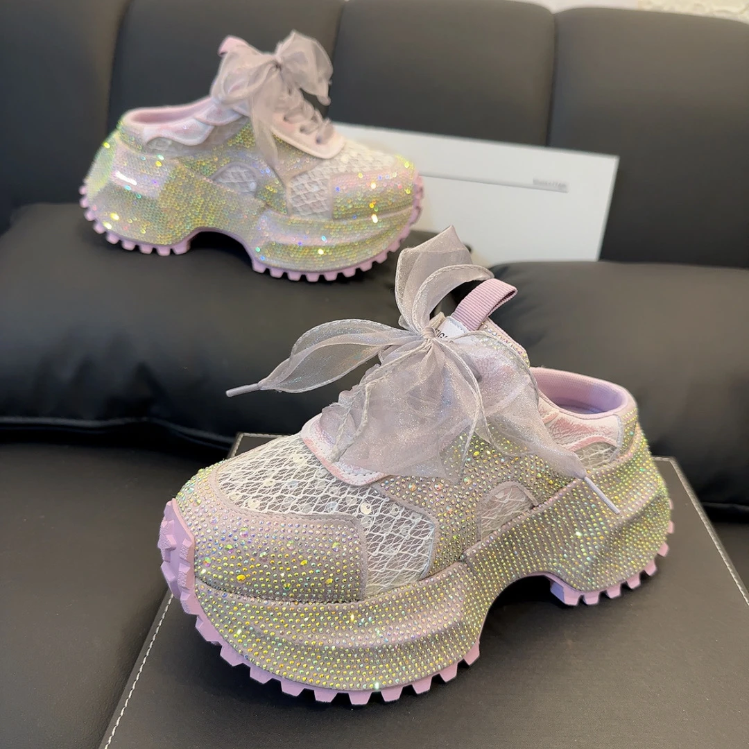 欧货蕾丝网满钻厚底包头拖鞋女韩版夏透网松糕半拖增高休闲老爹鞋