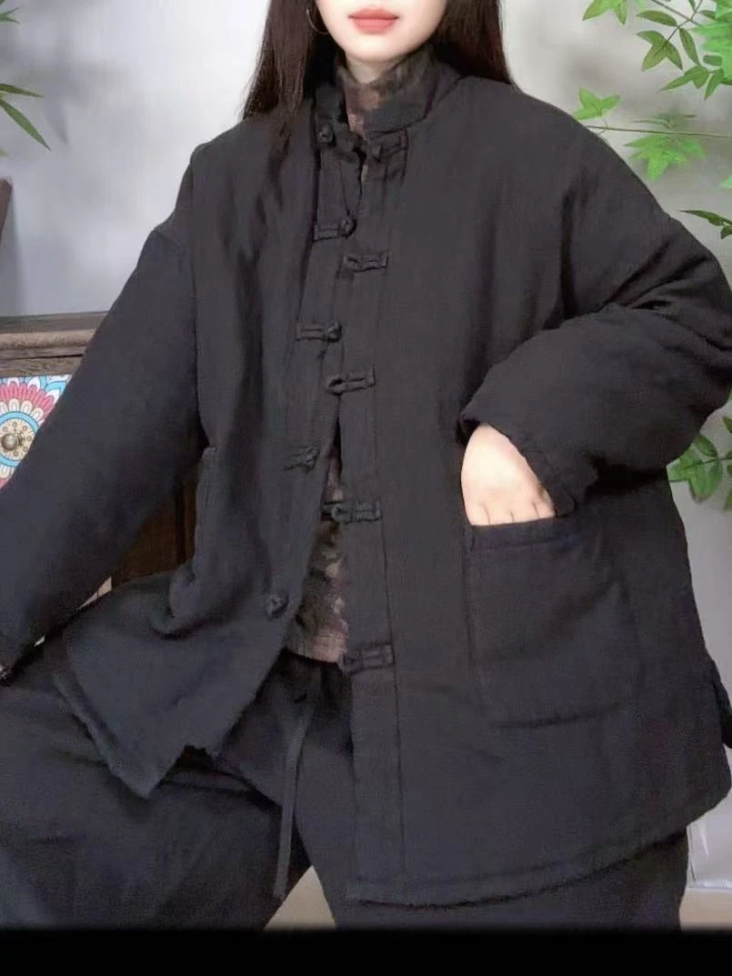 复古做旧炒色亚麻主领盘扣棉衣宽松休闲纯色夹棉棉服外套2025
