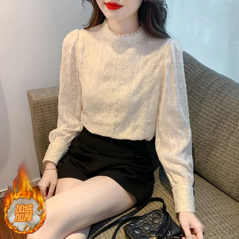 法式复古立领加绒加厚蕾丝衬衫女士秋冬爆款气质百搭长袖打底上衣