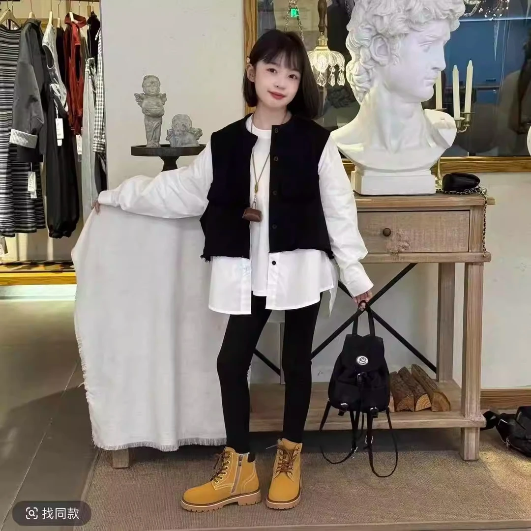 女童2025春秋新款高级感甜酷时尚宽松百搭假两件马甲衬衣三件套潮