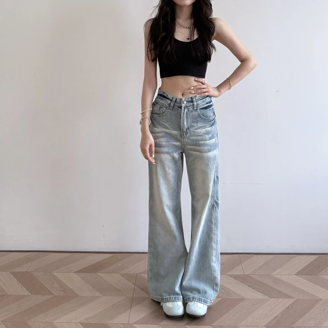 oneonone复古猫须水洗褶纹牛仔裤男女高级感宽松直筒长裤