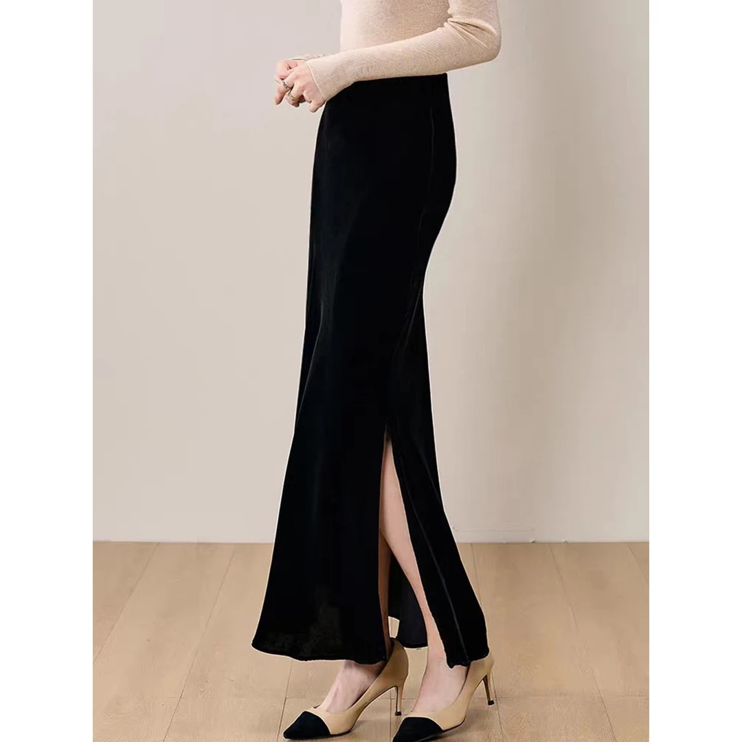 【二个裙长】秋季新款丝绒鱼尾长裙垂坠感遮肉松紧腰时尚开叉半身裙