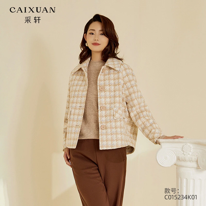 c015234K01CAIXUAN采轩千鸟格翻领韩版长袖短款大衣