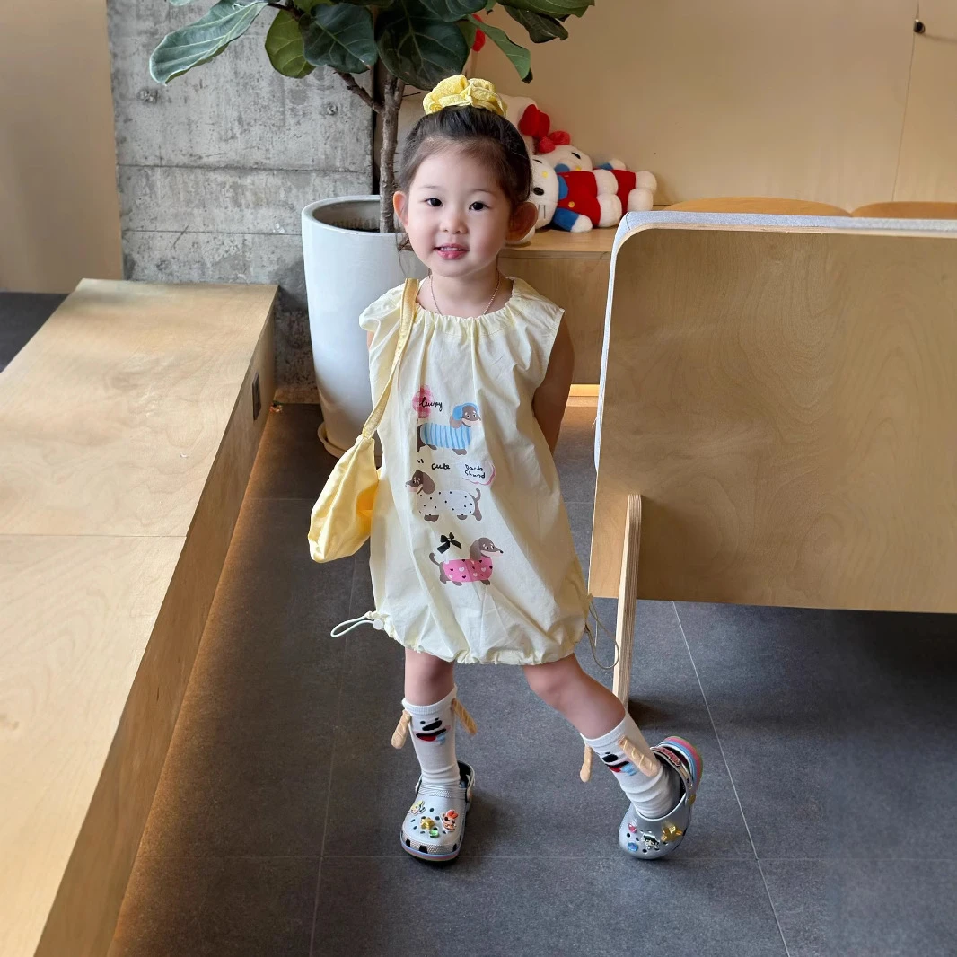 《小思家》女童2025夏季新款韩版休闲可爱甜美风卡通抽绳背心连衣裙