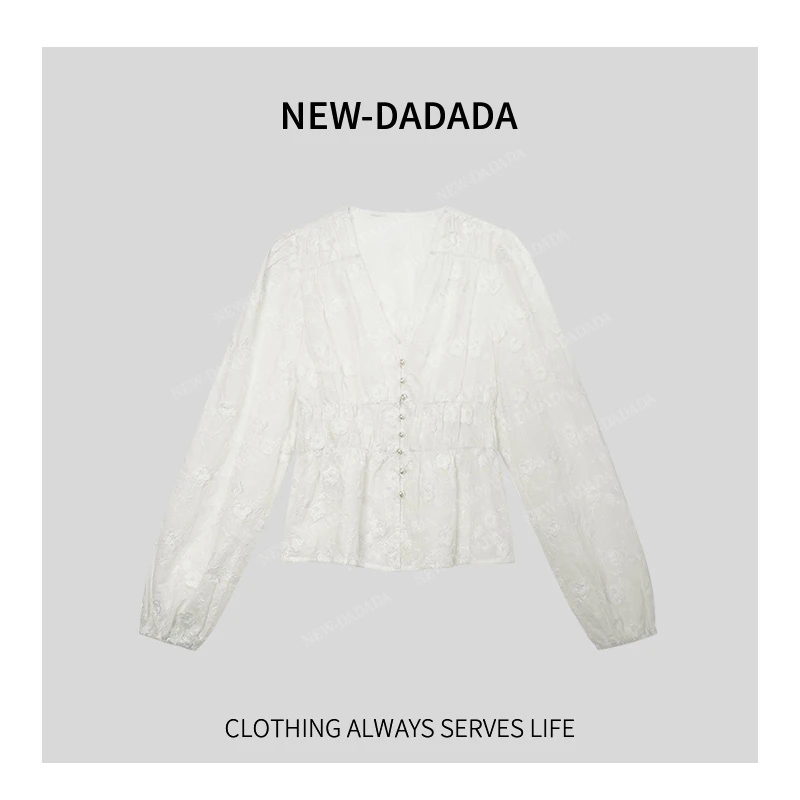 利达NEWDADA温柔甜美衬衫女2025春纯棉收腰衬衣灯笼袖上衣TKC3021