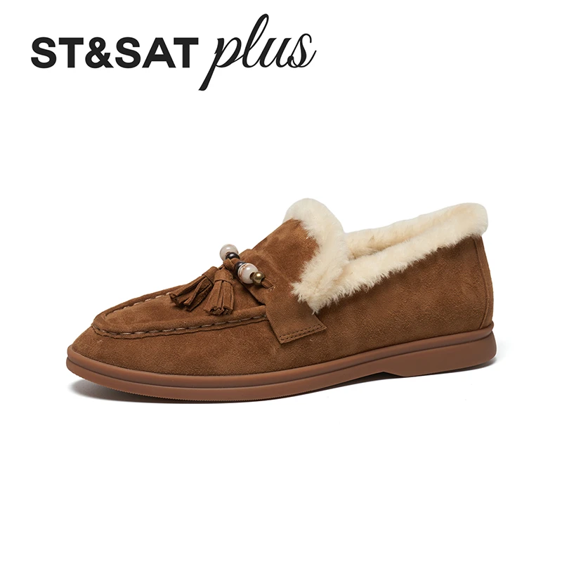 【万步系列】25新款保暖冬季一脚蹬平底加绒真皮豆豆鞋