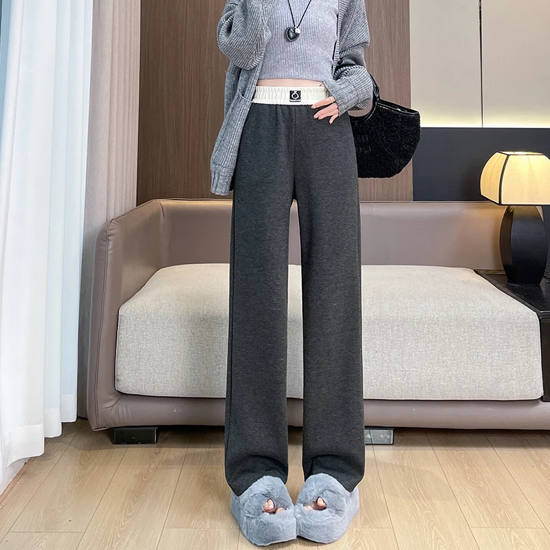 高级灰阔腿裤女2025年秋休闲慵懒垂感显瘦人字纹肌理感加厚直筒裤
