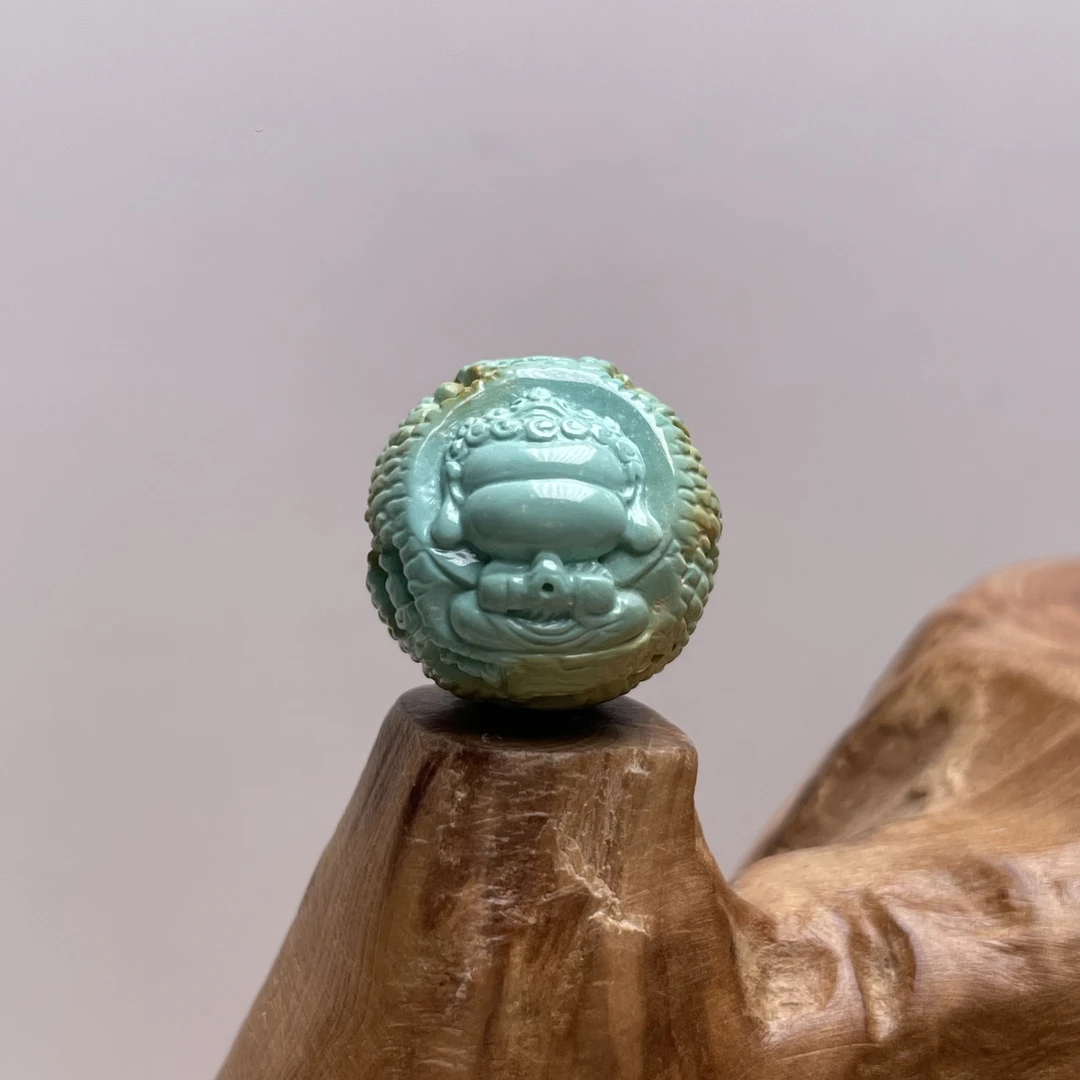 原矿绿松石无相佛雕刻圆珠14mm重3.5克手工特色巧雕无水无油干料