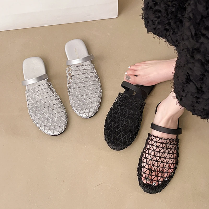 包头渔网半托鞋女外穿2025夏新款平底两穿镂空透气舒适沙滩凉拖鞋