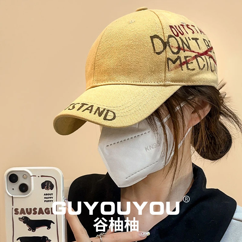 美式复古字母鸭舌帽子女宽帽檐大头围鸭舌帽显脸小防晒帽遮阳帽子